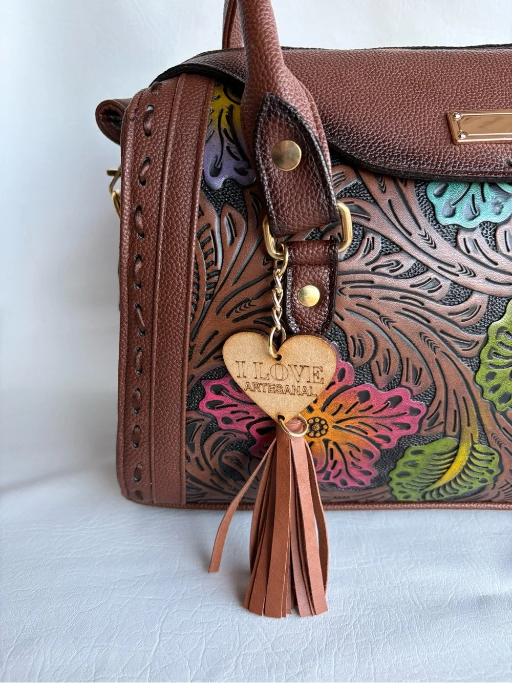 Artisanal Handmade Tooled Vegan Leather Satchel Brown handbag Women Floral
